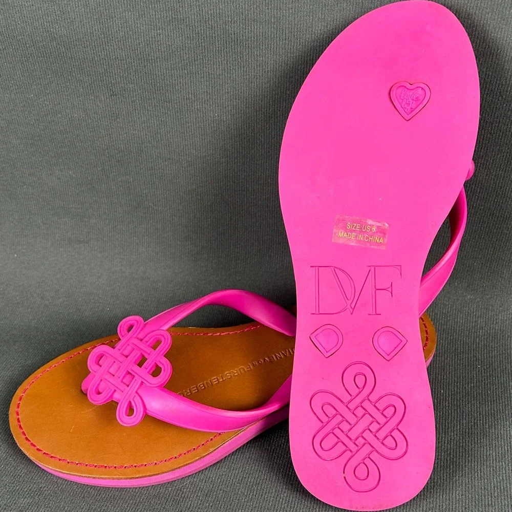 Diane von Furstenberg Hot Pink Love Knot Leather Jelly Thong Flip Flop Sandals 6